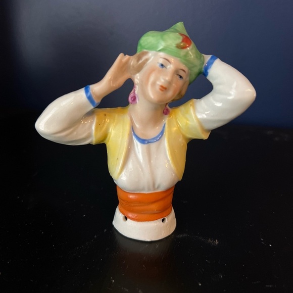 Other - German Porcelain Pin Cushion Half Doll-Red Crescent Moon On Hat